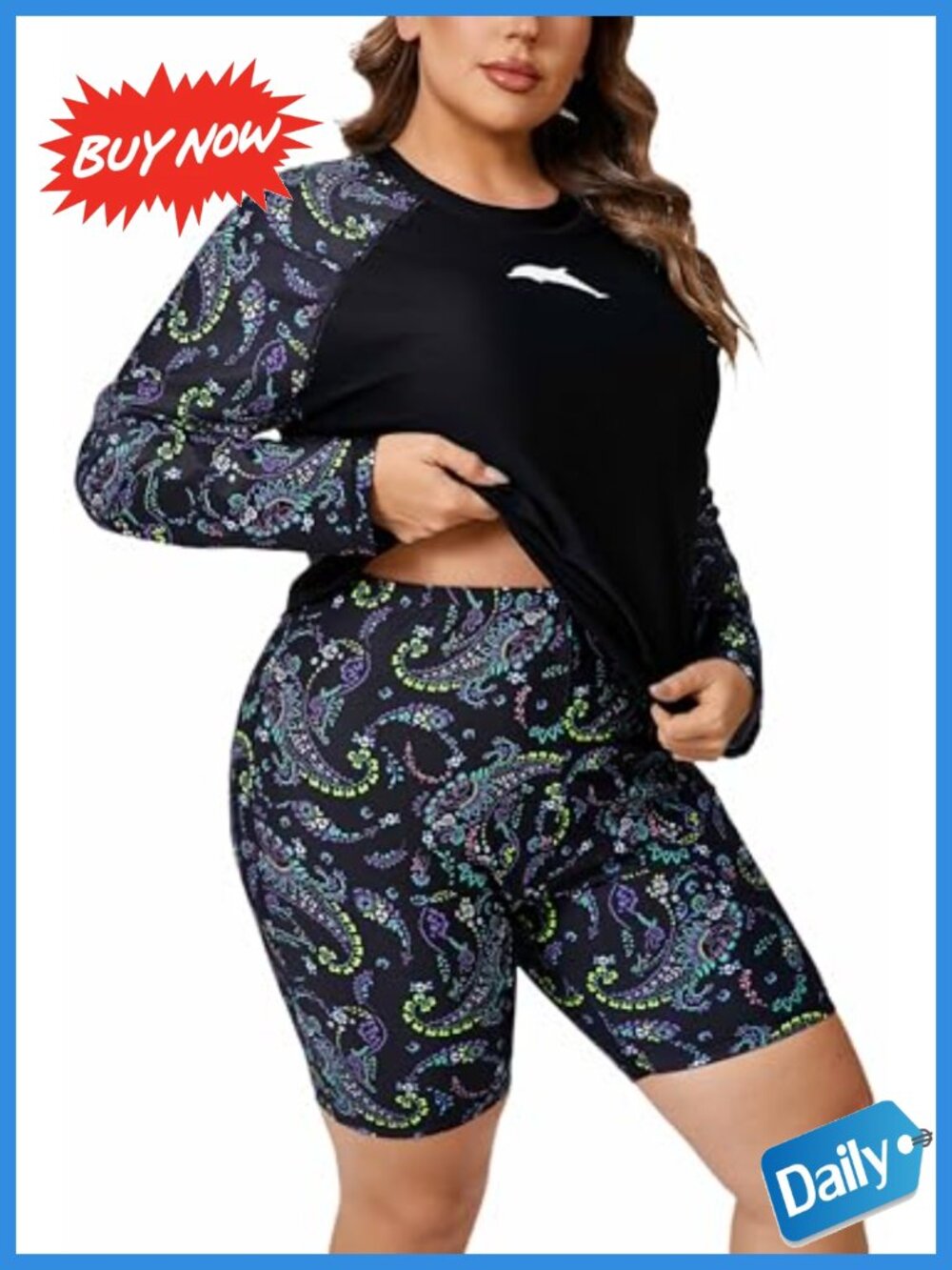 Plus Size Built in Bra Long Sleeve Rash Guard 2 PC Swimsuit UPF 50